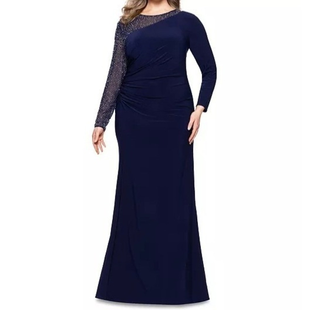 Betsy & Adam Embellished Asymmetric Navy Slit Long Gown Dress Womens 16W NWT
